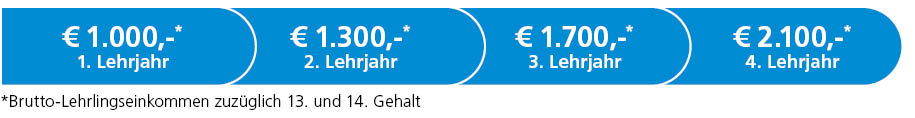 Unsere Bruttomonats-Lehrlingsentschädigung beträgt im 1. Lehrjahr € 1.000,-, im 2. Lehrjahr € 1.300,-, im 3. Lehrjahr € 1.700,- und im 4. Lehrjahr € 2.100,-.
